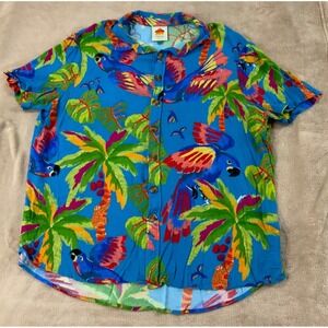 Farm Rio Sunny Bright Shirt Mens Large Blue Tropical AOP Button Up Short Sleeve